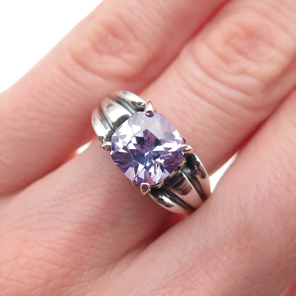 925 Sterling Silver Vintage Cushion-Cut Lavender C Z Oxidized Ring Size 6.25